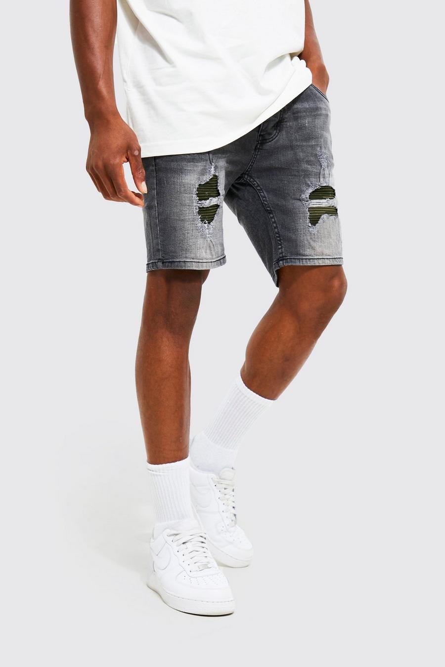 אפור כהה grigio שורט סקיני מבד ג'ינס עם קרעים וטלאים image number 1