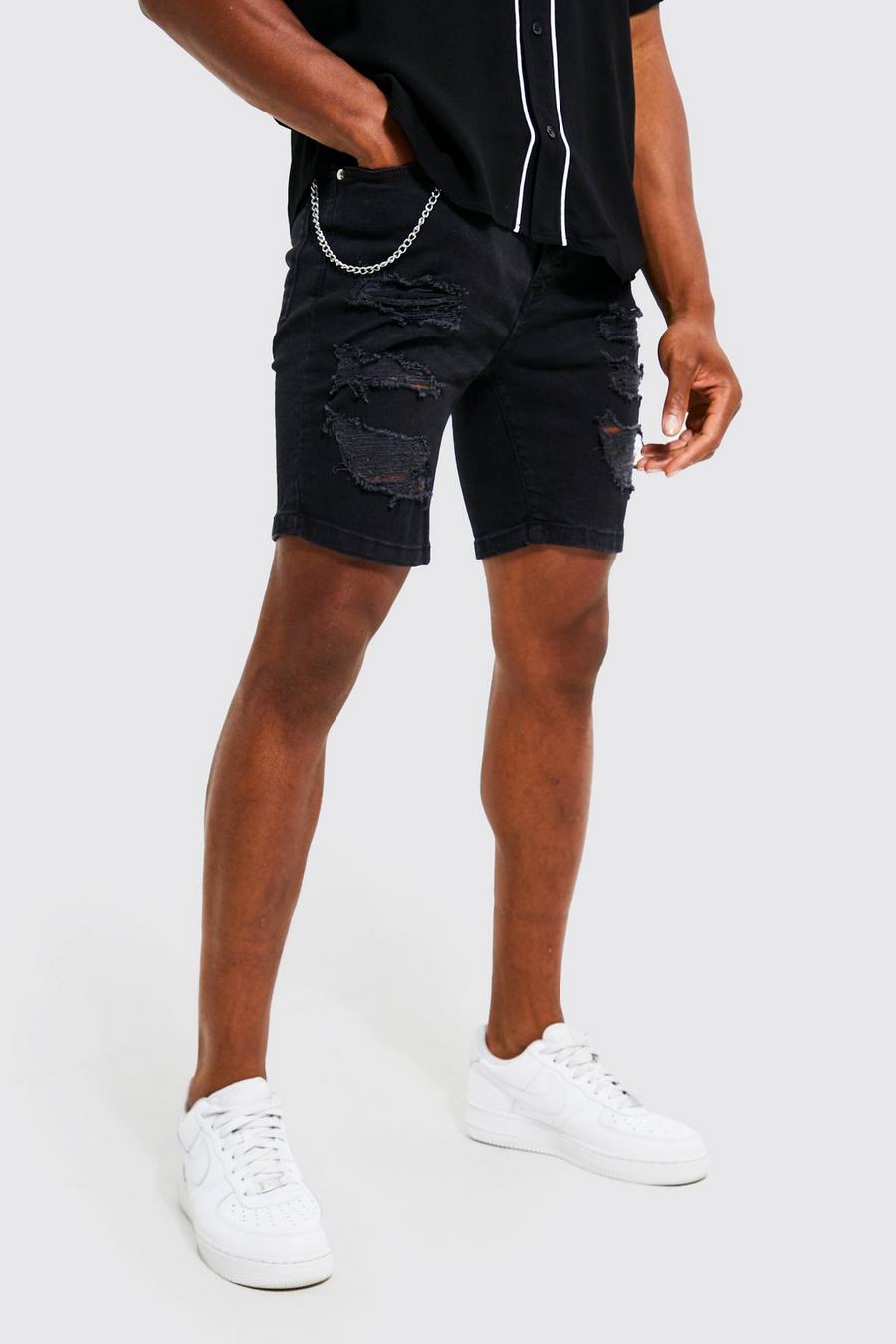 Washed black Skinny Ripped Denim Shorts With Chain