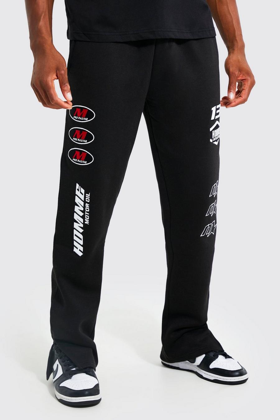 Pantalón deportivo con abertura en el bajo y estampado de motociclismo, Black image number 1