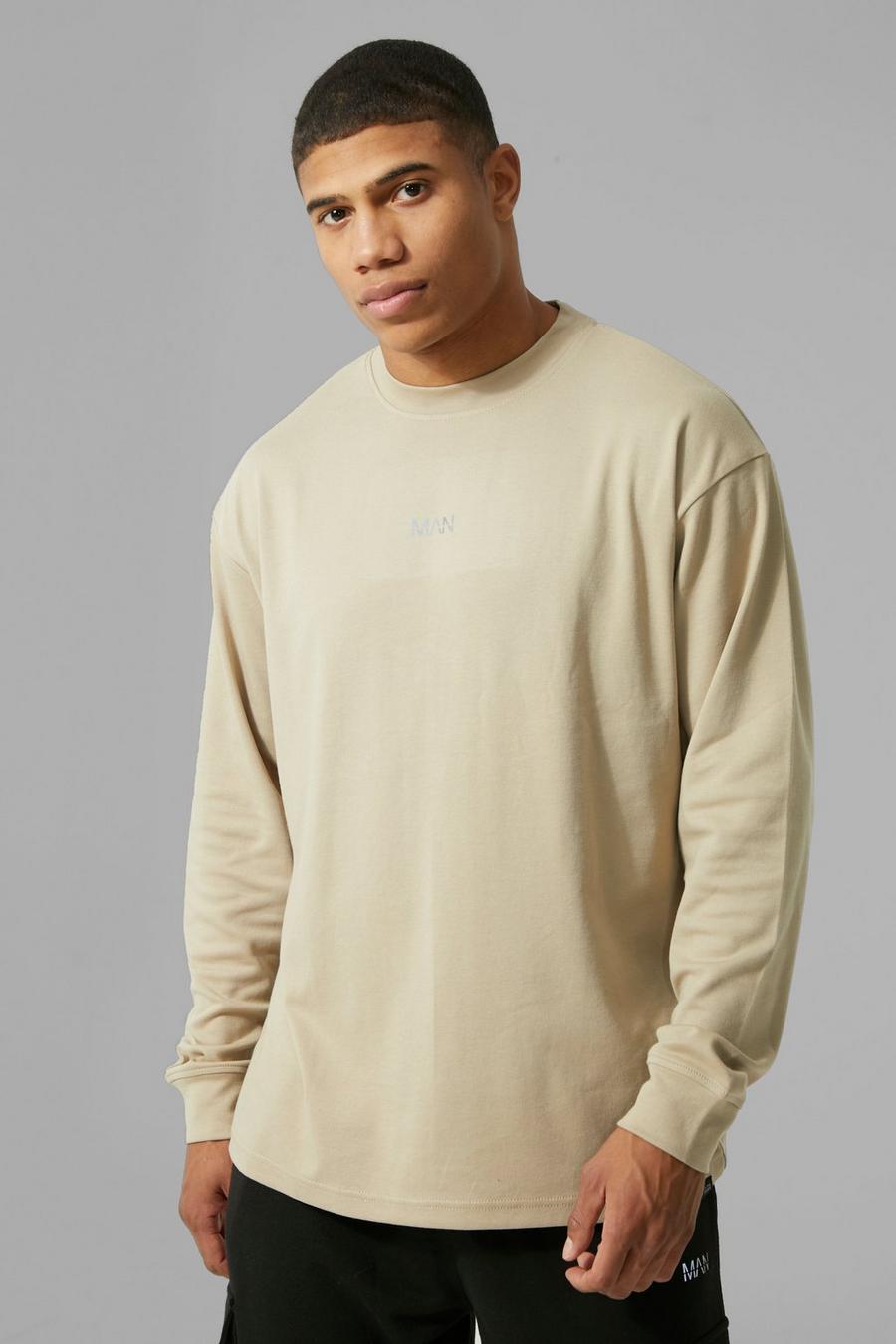 Taupe beige Man Active Oversized T-Shirt Met Lange Mouwen