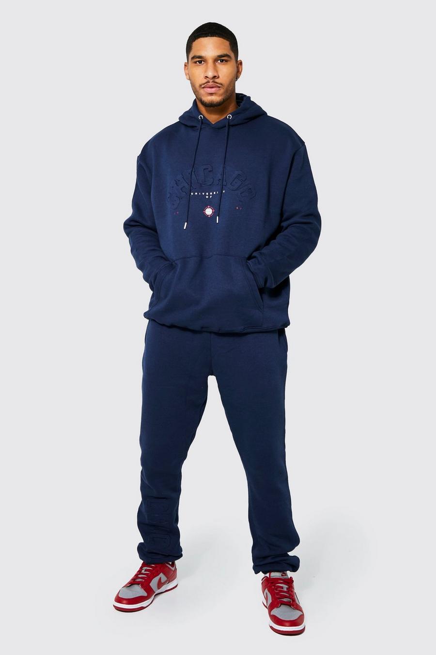 Navy Tall Varsity Embossed Hooded Tracksuit image number 1