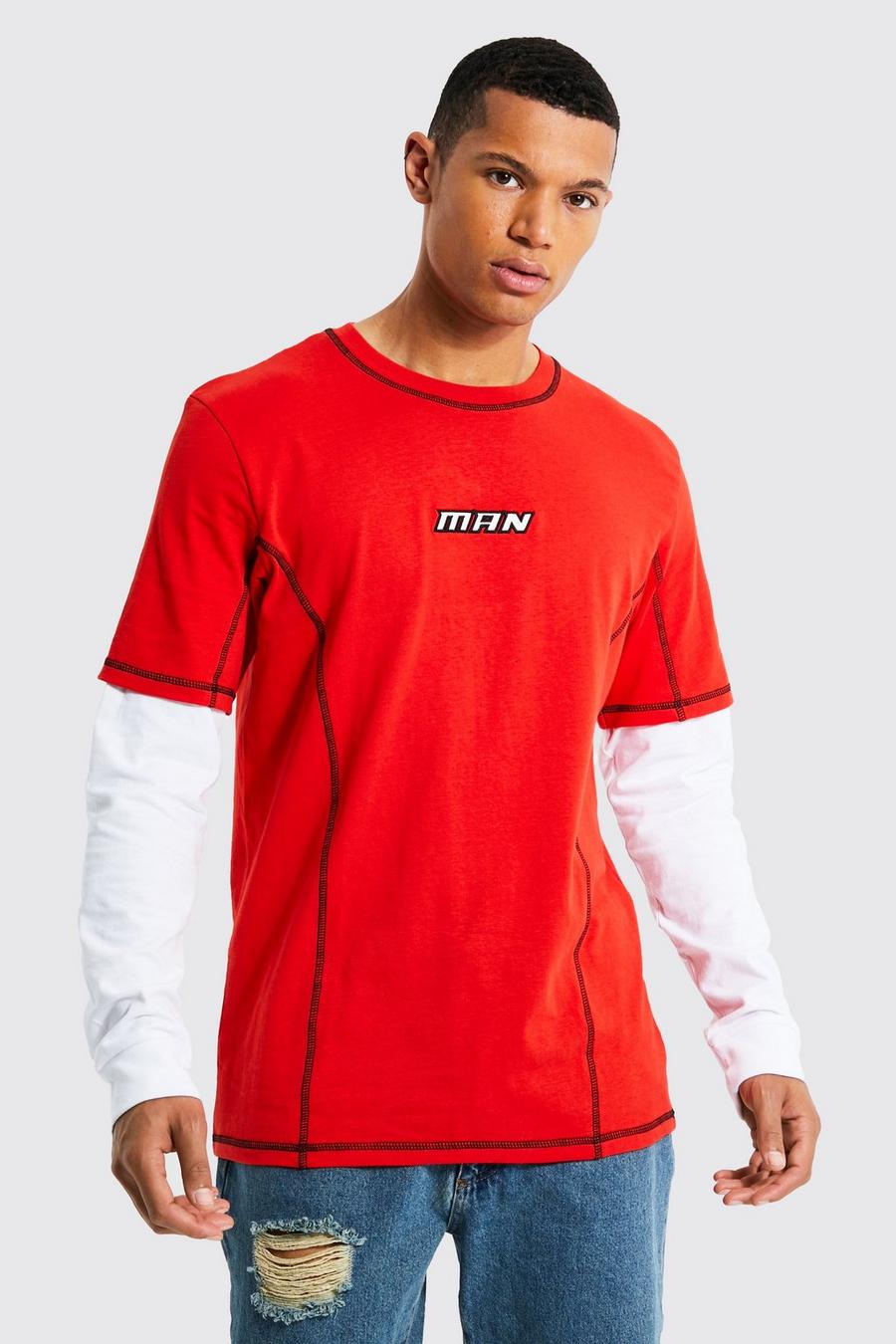Red Tall Contrast Stitch Man Faux Layer T-shirt image number 1