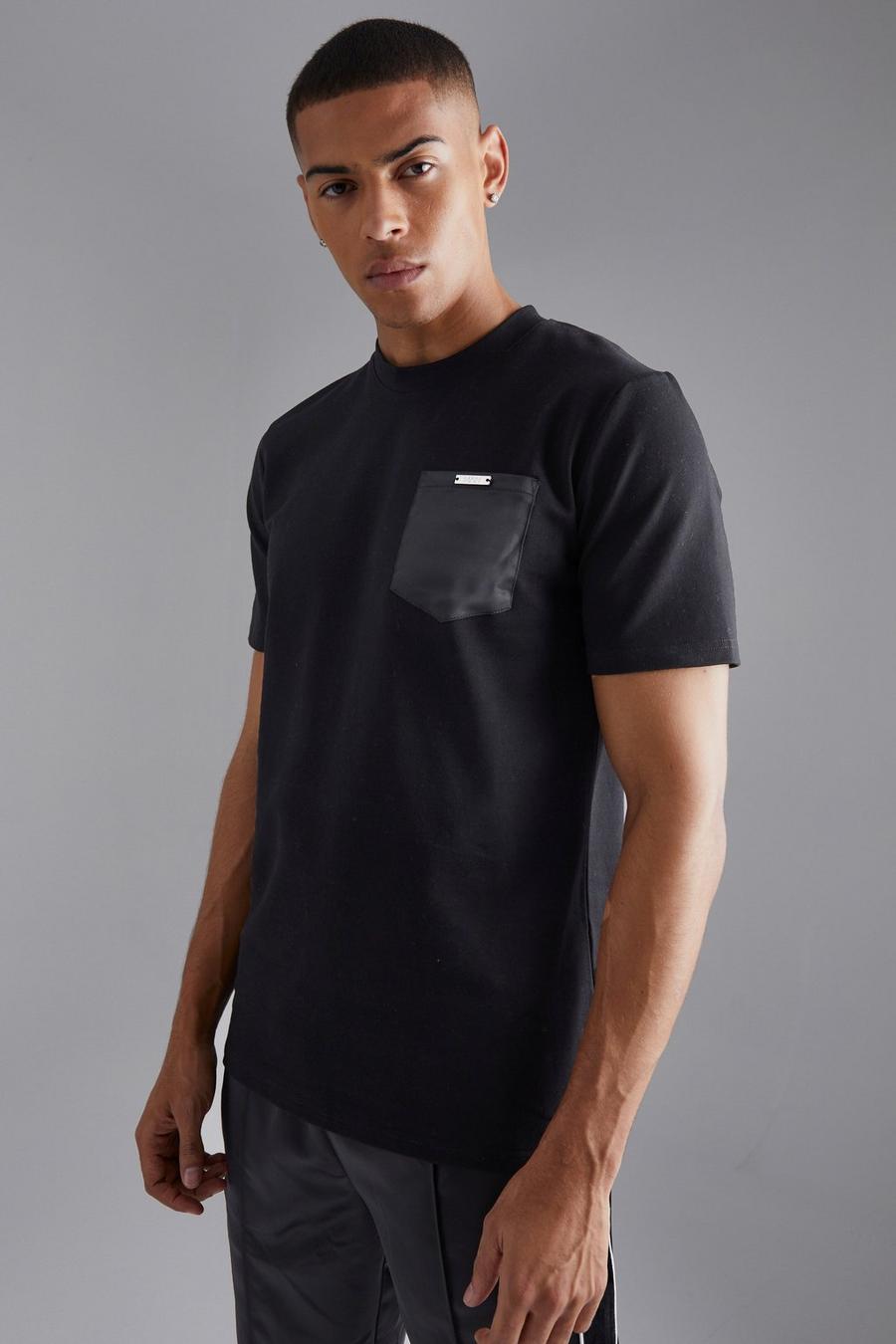 Black schwarz Sateen Pocket Slim Fit T Shirt