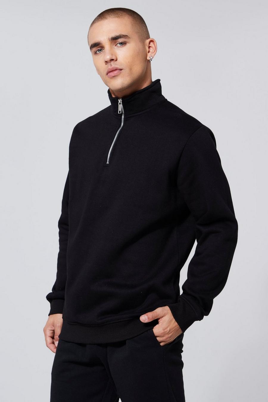 Basic Sweatshirt mit 1/4 Reißverschluss und Trichterkragen, Black