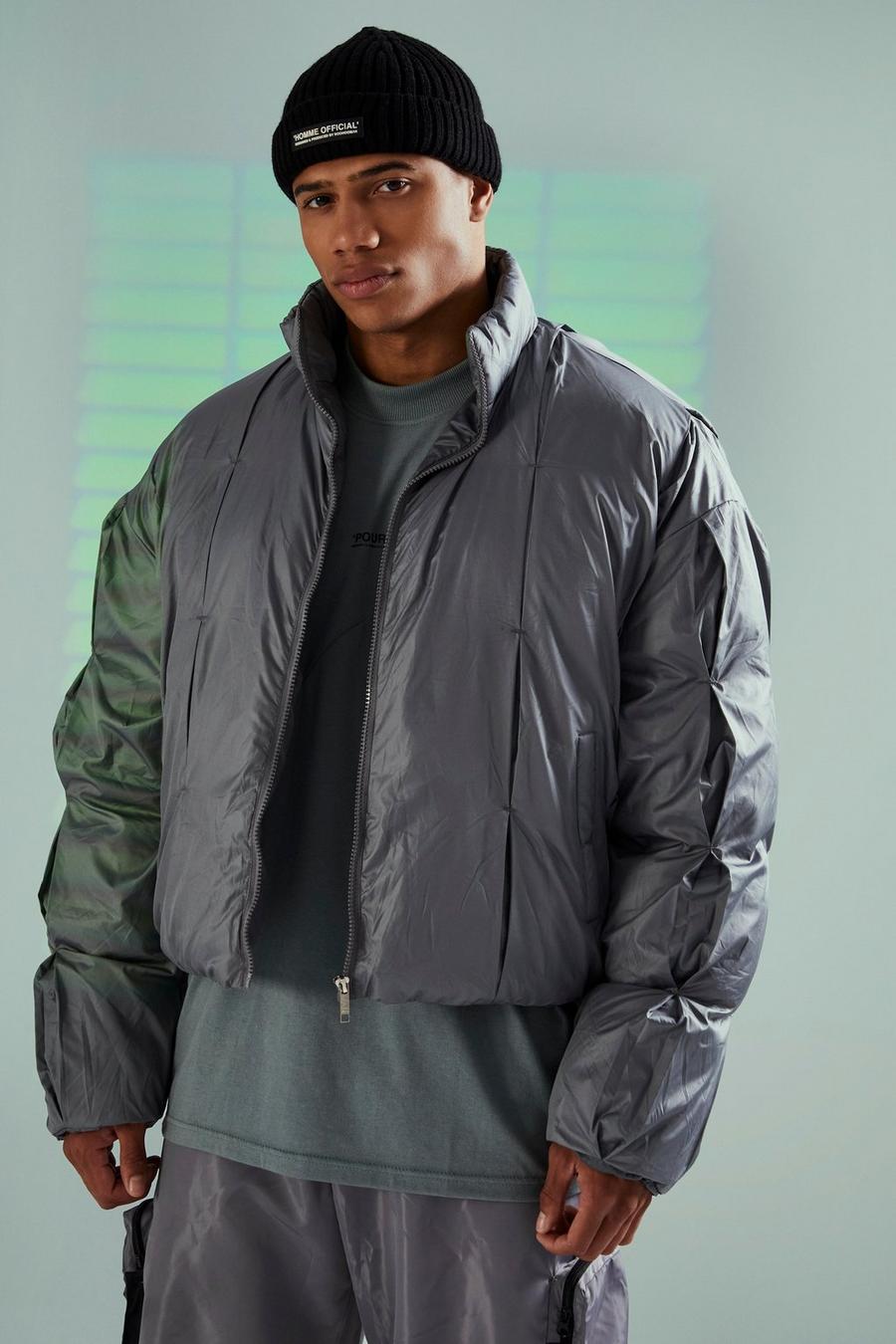 Charcoal grey Pleated Funnel Neck Puffer