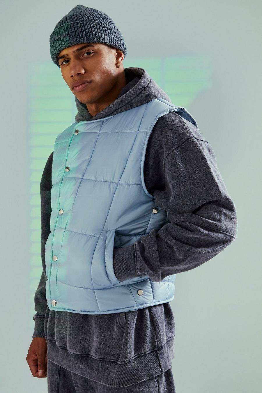 Blue blau Boxy Quilted Popper Gilet image number 1
