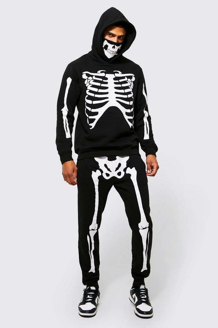 Black Skeleton Print Snood Hooded Tracksuit image number 1