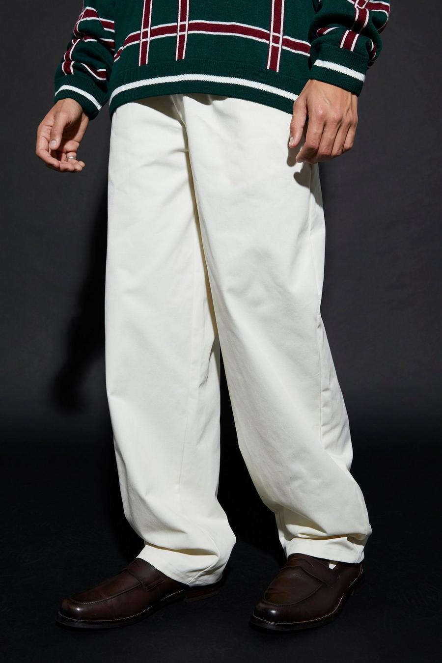 Pantalón holgado de sarga con cintura fija, Ecru blanco