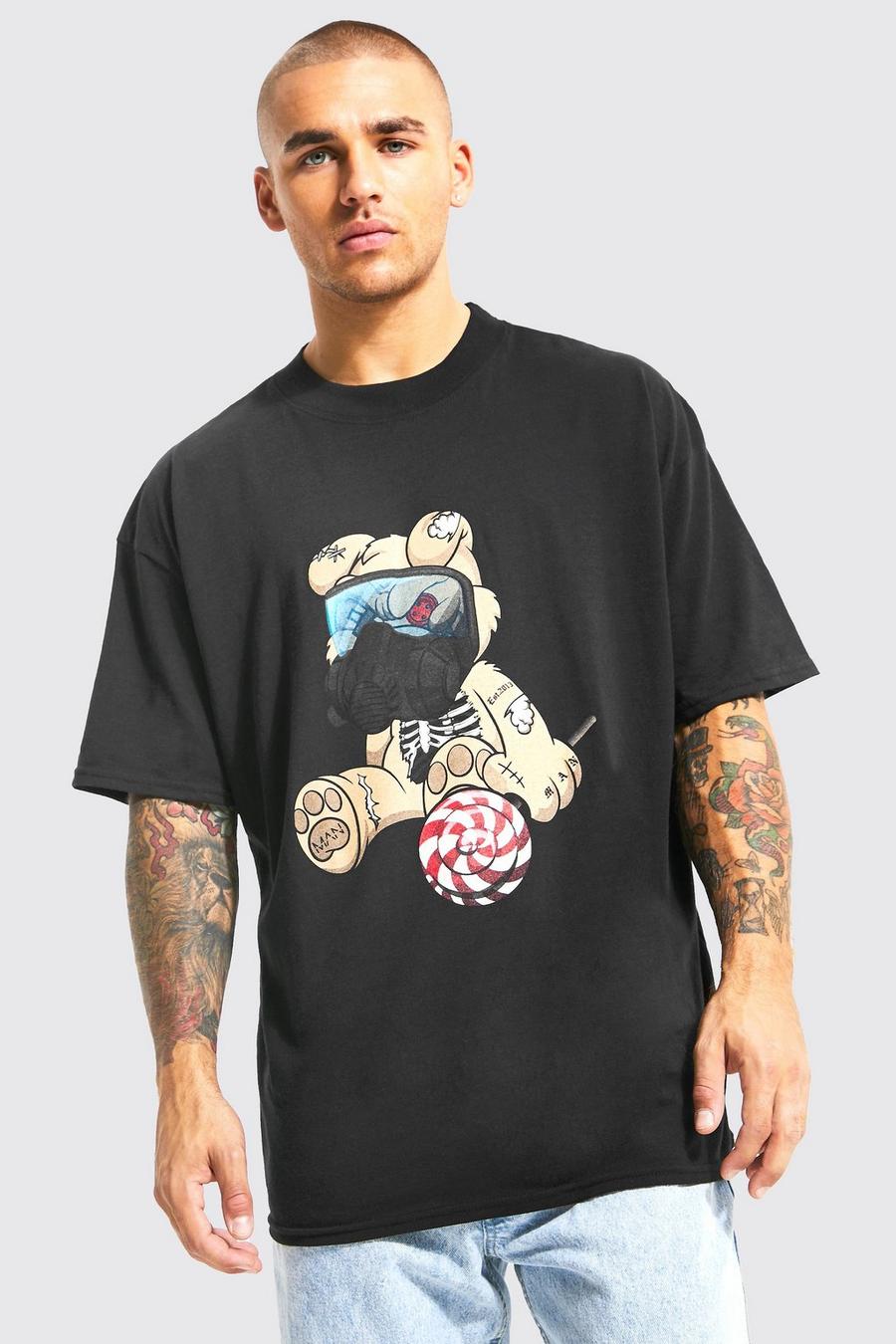 Black Oversized Extended Neck Teddy Graphic T-shirt image number 1