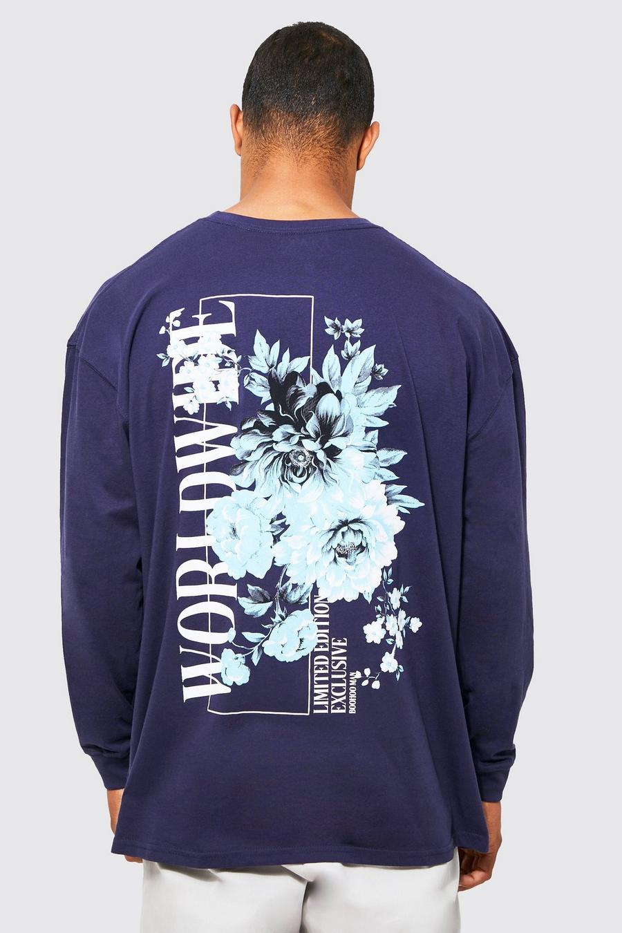 Navy Oversized Long Sleeve Floral Graphic T-shirt image number 1