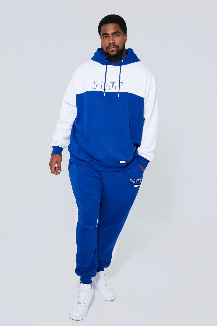 Navy marinblå Plus MAN Tvåfärgad träningsoverall med hoodie