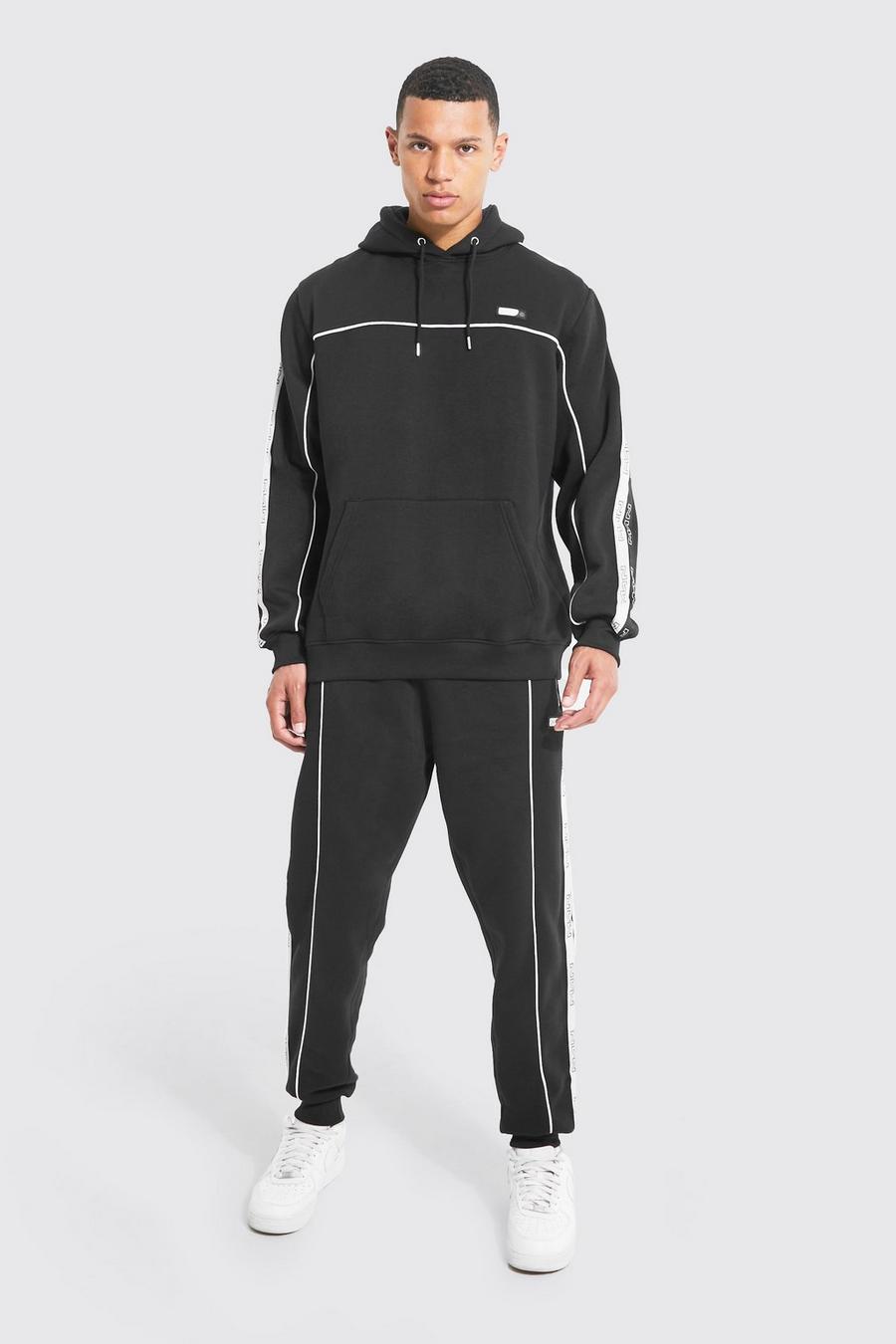 Black Tall - MAN Träningsoverall med kantband och hoodie image number 1