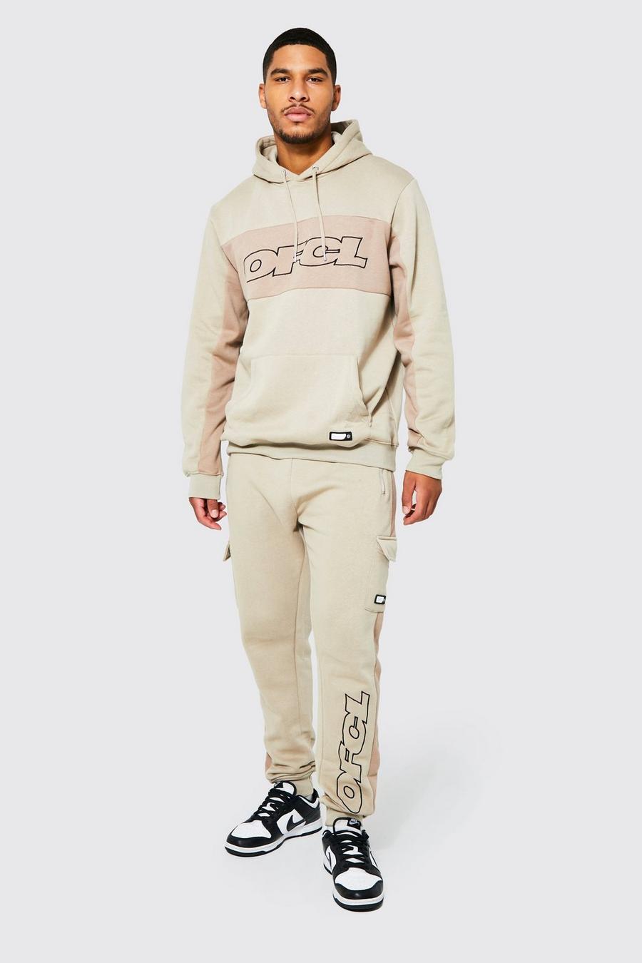 Beige Tall Man Colour Block Cargo Hooded Tracksuit image number 1