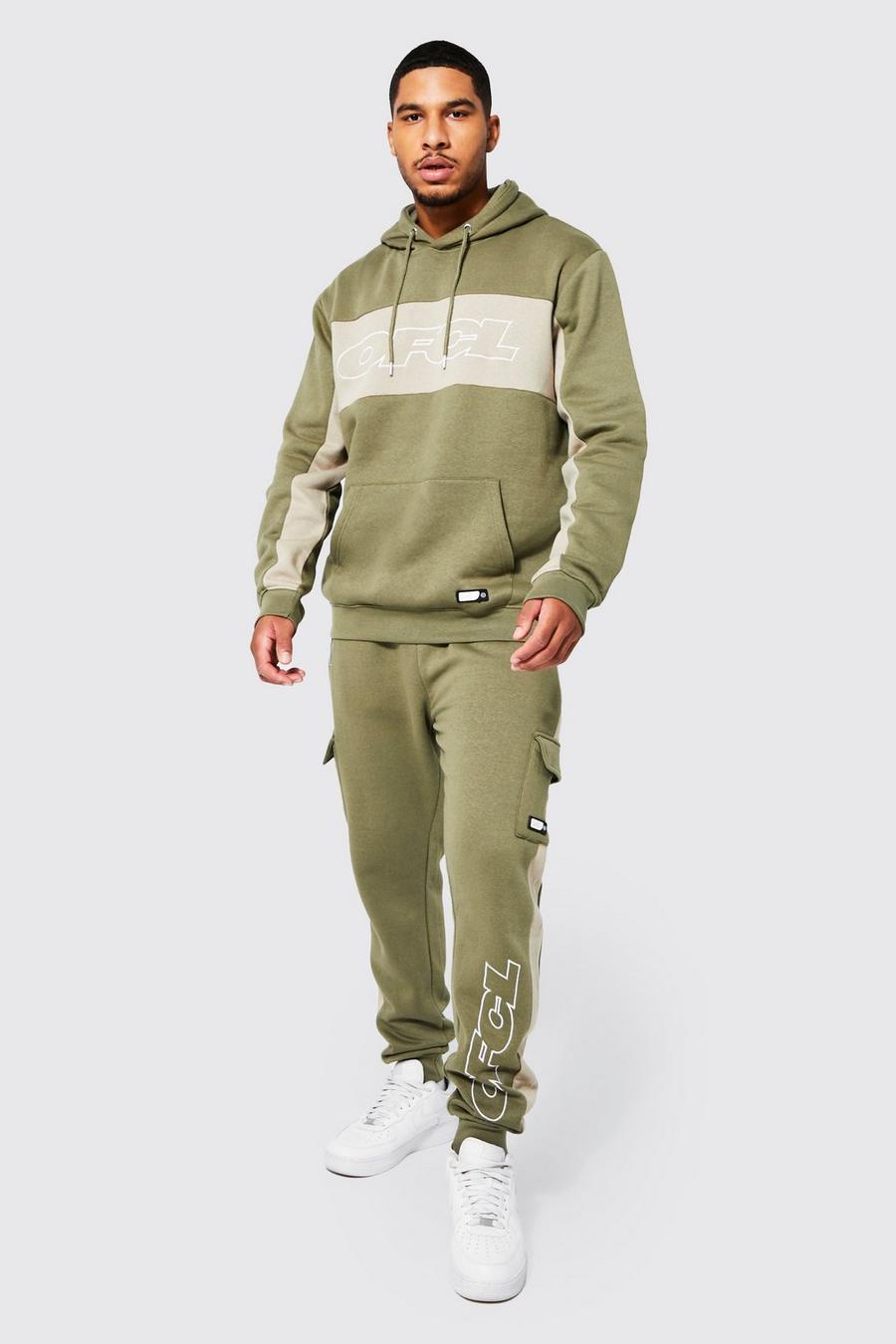 Khaki Tall Man Colour Block Cargo Hooded Tracksuit image number 1