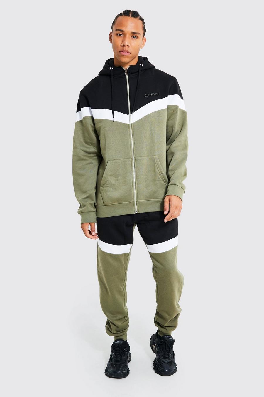 Khaki Tall Man Funnel Neck Hooded Colour Block Tracksuit image number 1