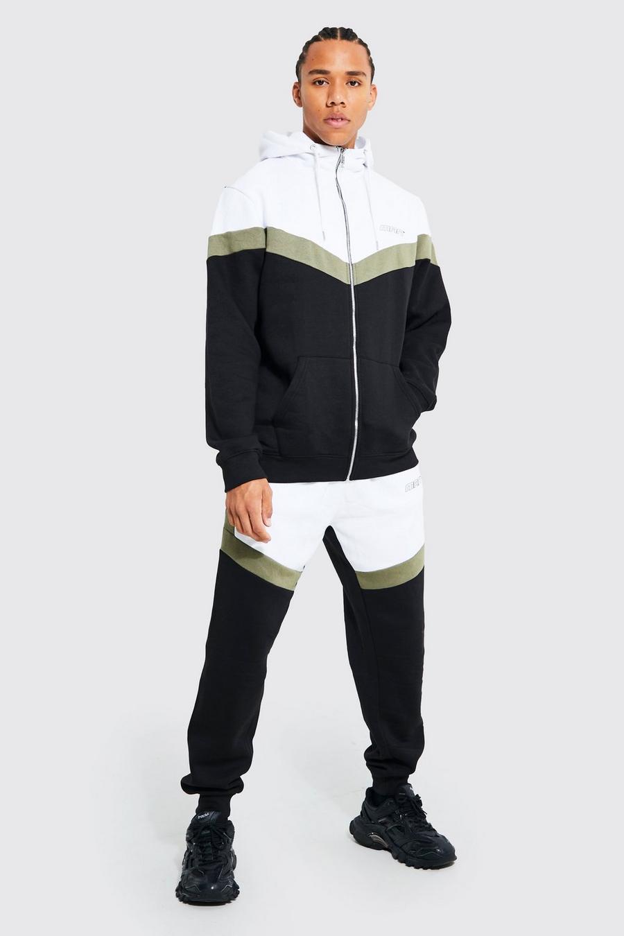 Black Tall Man Funnel Neck Hooded Colour Block Tracksuit image number 1
