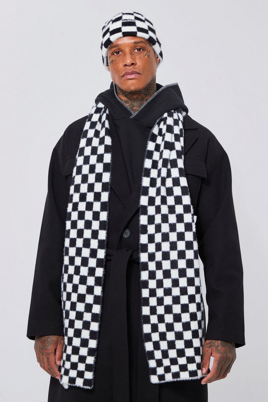 Flauschiger Schal mit Schachbrett-Print, Black noir