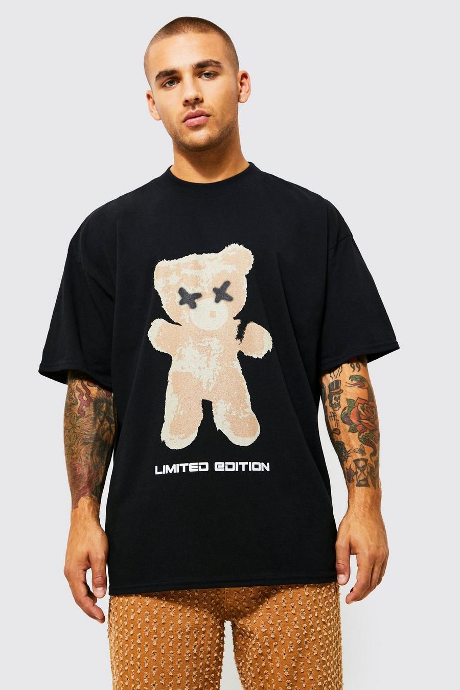 Black Oversized Extended Neck Teddy Graphic T-shirt image number 1