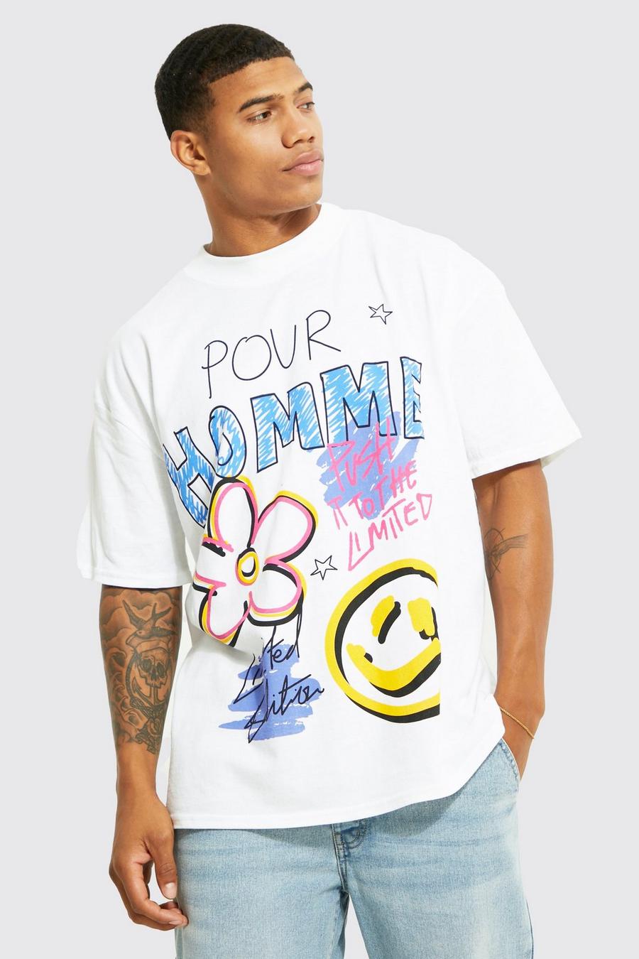 White Oversized Extended Neck Doodle Print T-shirt image number 1