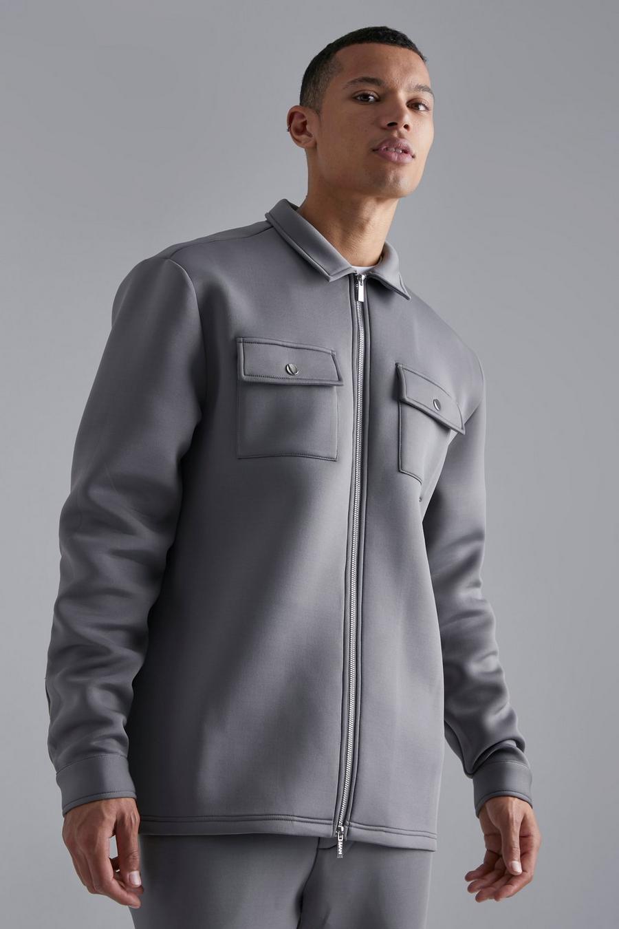 Grey grå Tall Skjortjacka i neopren med dragkedja image number 1