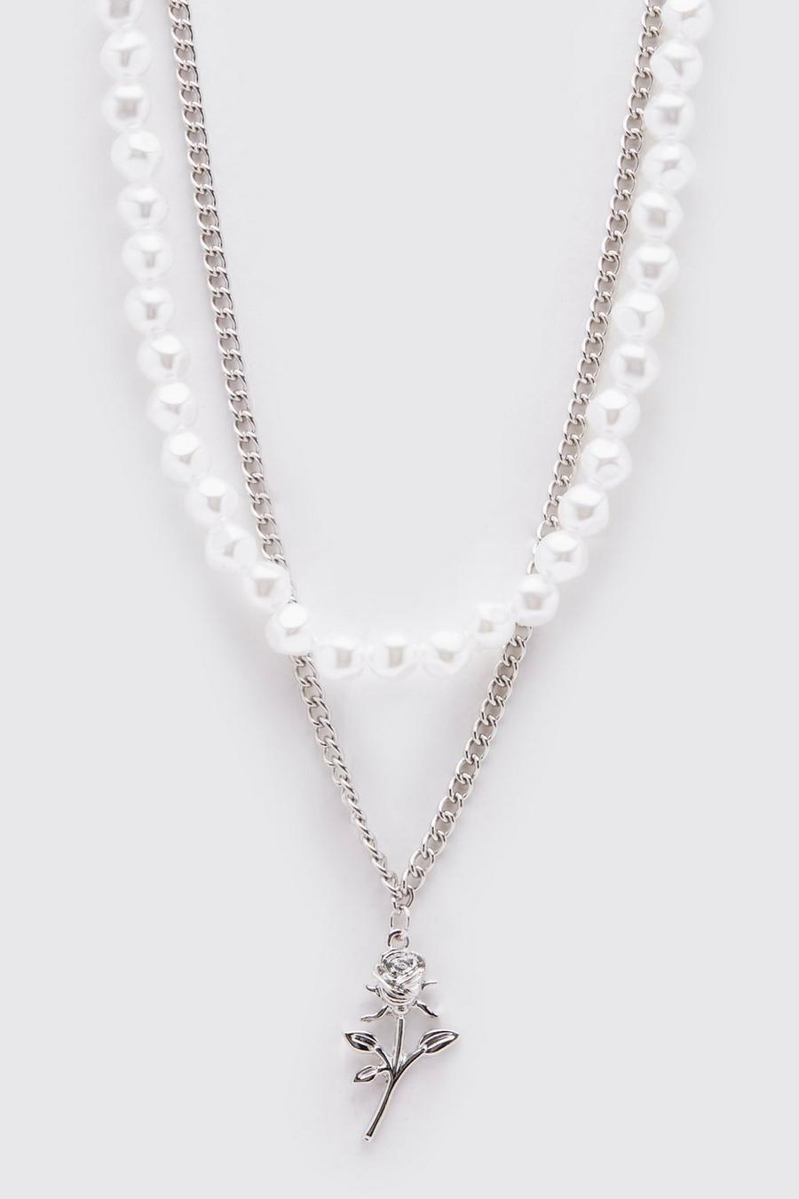 Perlen-Halskette mit Rosen-Anhänger, Silver