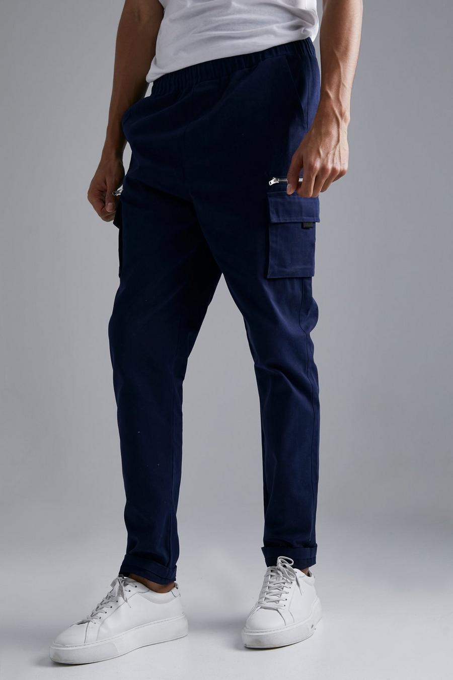 Tall Slim-Fit Twill Cargo-Hose mit Reißverschluss-Tasche, Navy image number 1