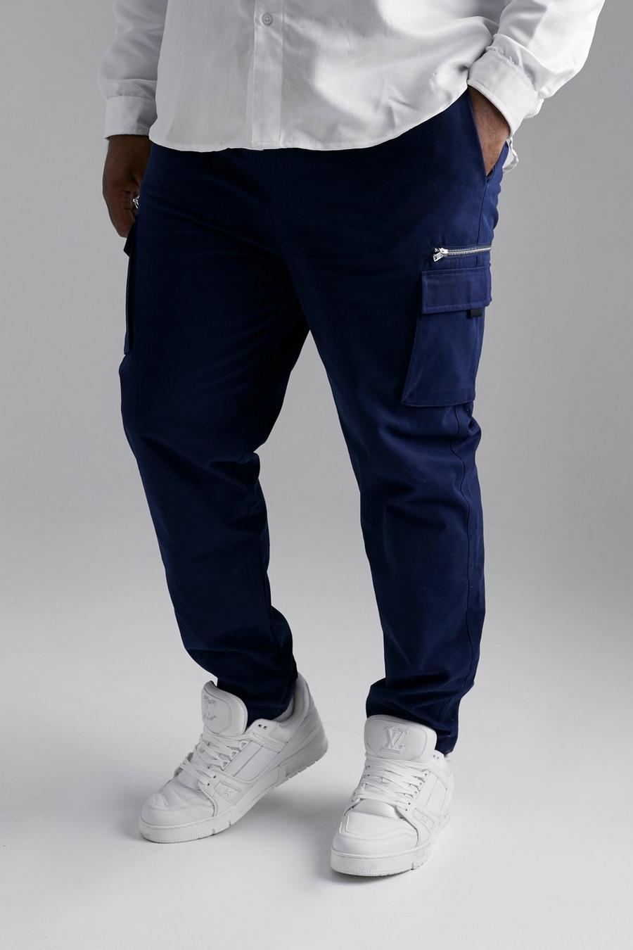 נייבי blu oltremare מכנסי דגמ'ח טוויל בגזרה צרה עם כיסים ורוכסן, מידות גדולות