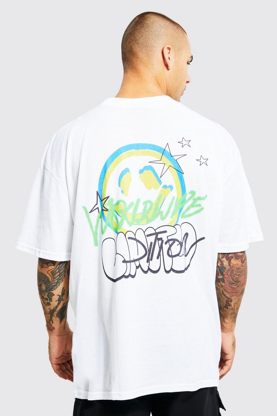 Camiseta oversize con cuello extendido y estampado de grafiti, White image number 1