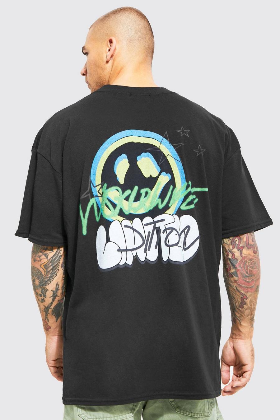 Black Oversized Extended Neck Graffiti Print T-shirt image number 1