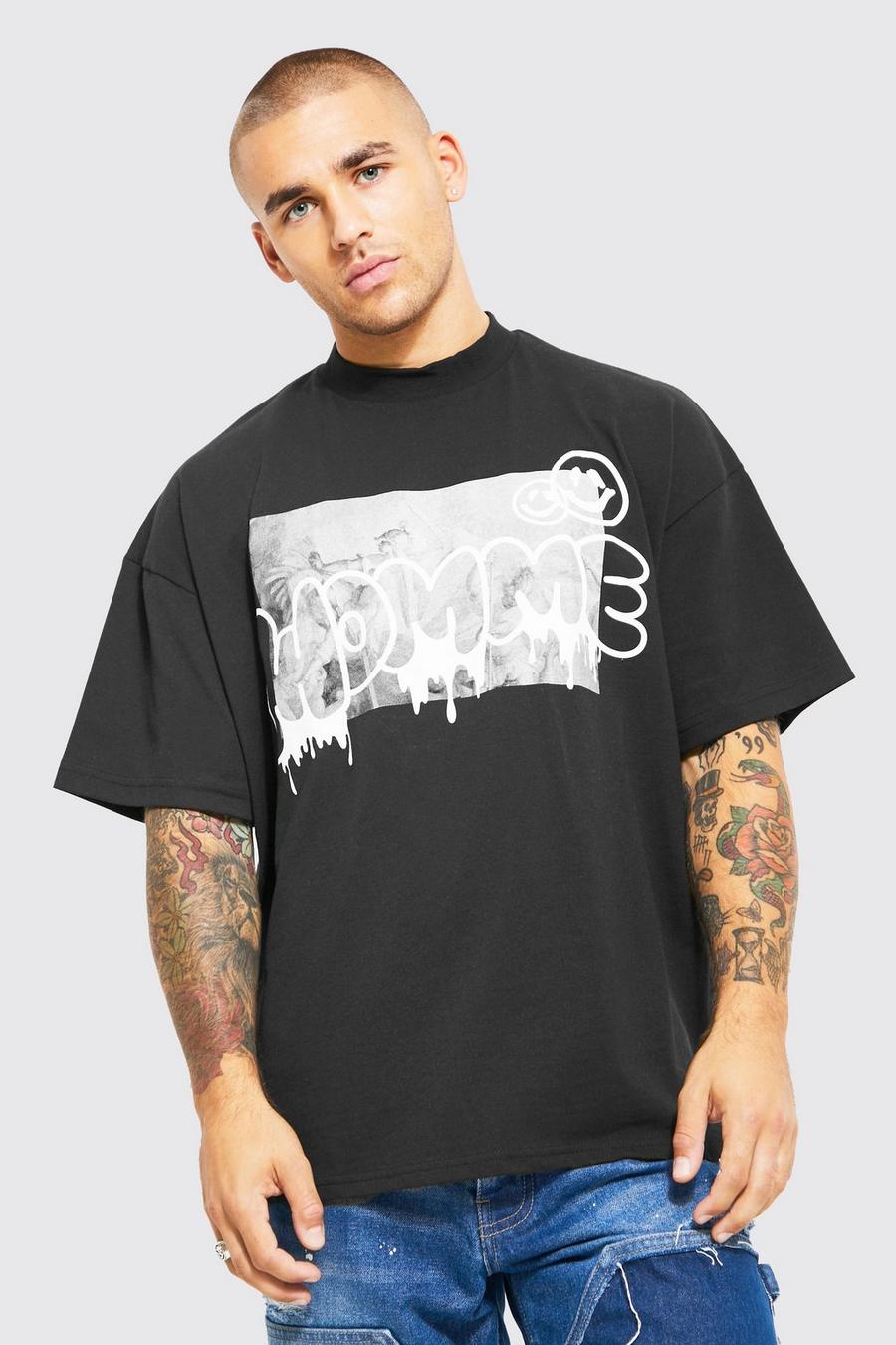 Black svart Oversized Extended Neck Homme Graphic T-shirt image number 1