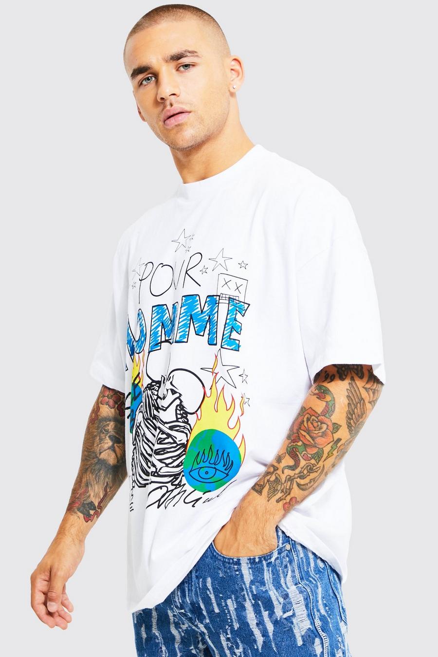 White Oversized Extended Neck Homme Graphic T-shirt  image number 1
