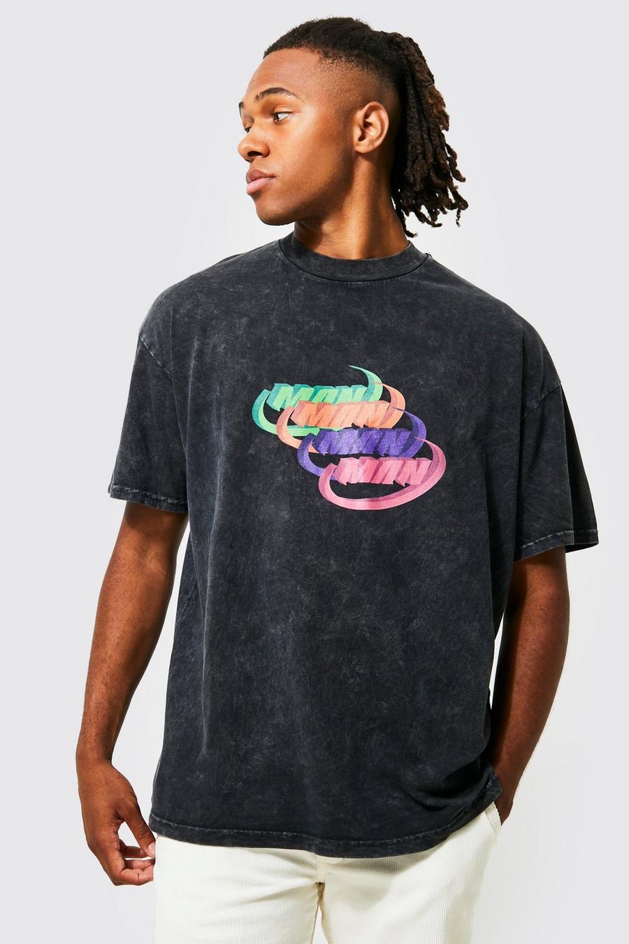 Charcoal gris Oversized Extended Washed Graphic T-shirt image number 1