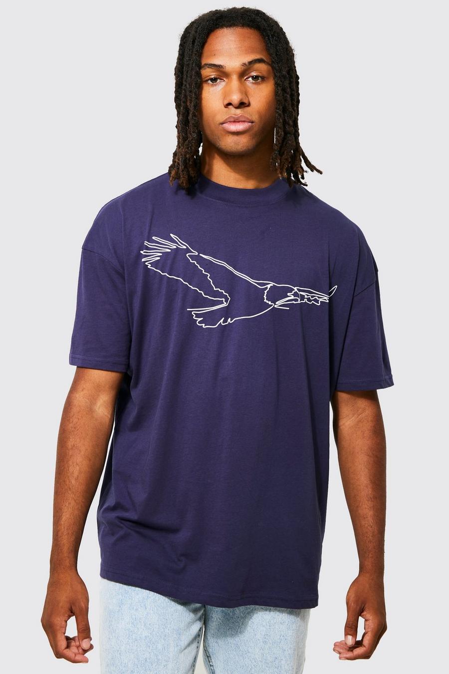 Navy Oversized Extended Neck Line Graphic T-shirt image number 1