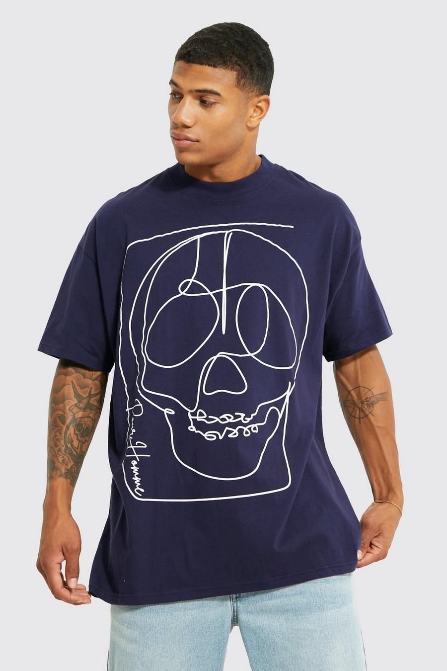 Camiseta oversize con cuello extendido y estampado gráfico de línea, Navy azul marino