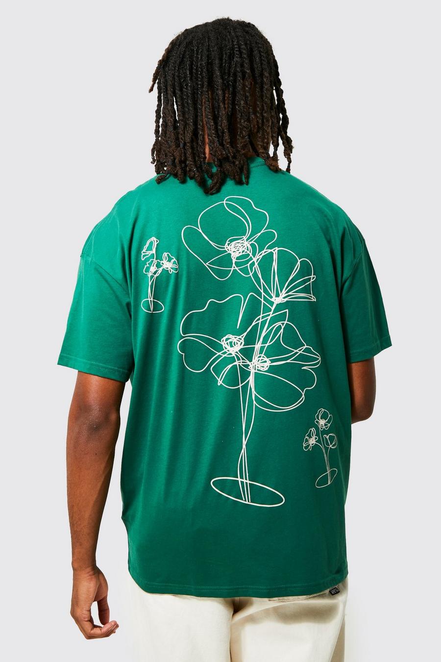 Forest green Oversized Floral Line Graphic T-shirt