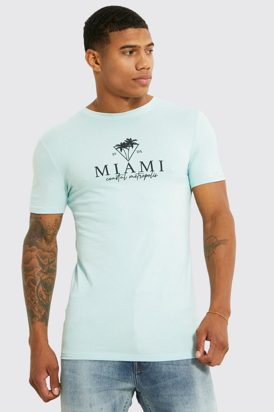 Camiseta ajustada al músculo con estampado de Miami, Light blue azzurro image number 1