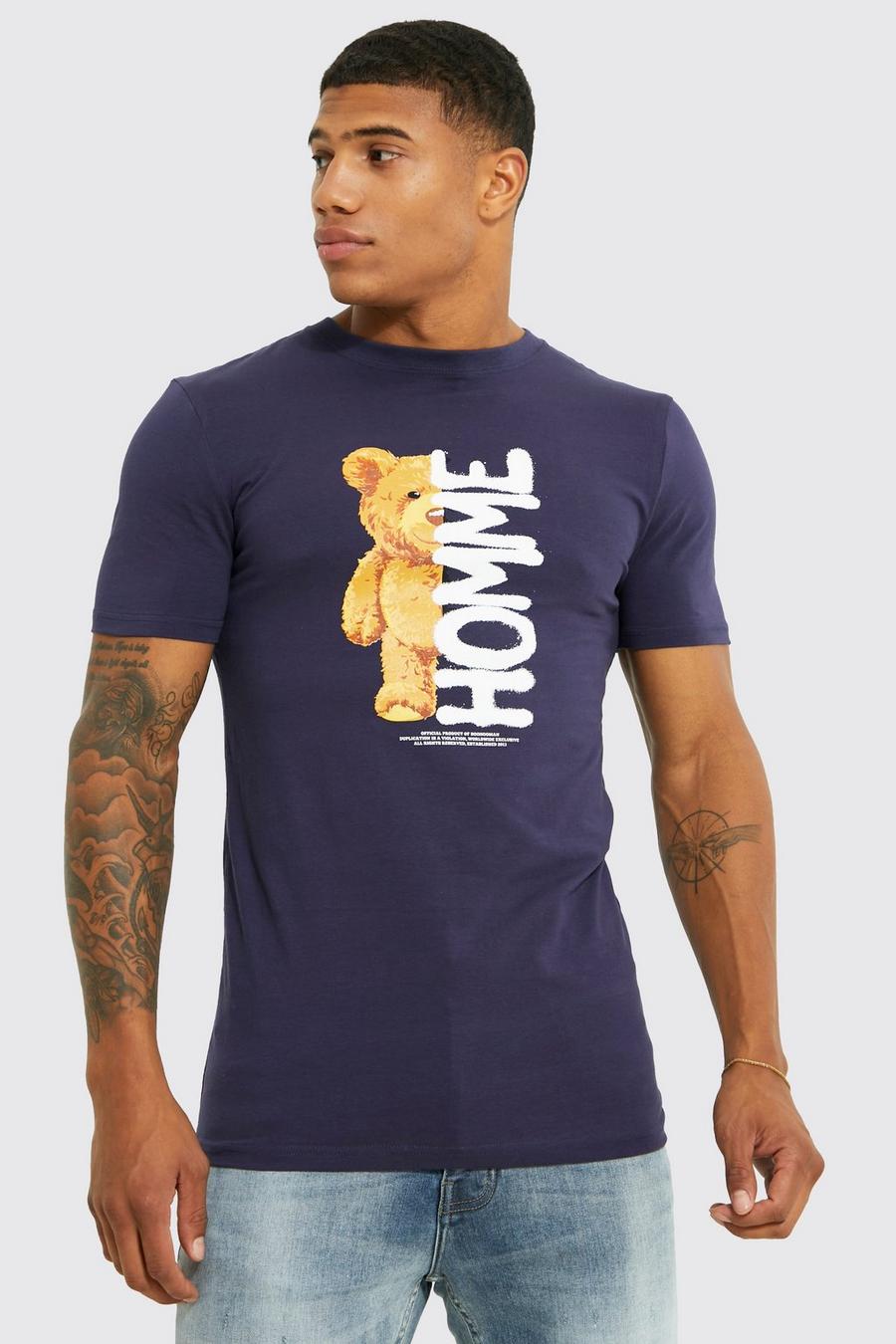Navy marine Muscle Fit Teddy Graphic T-shirt