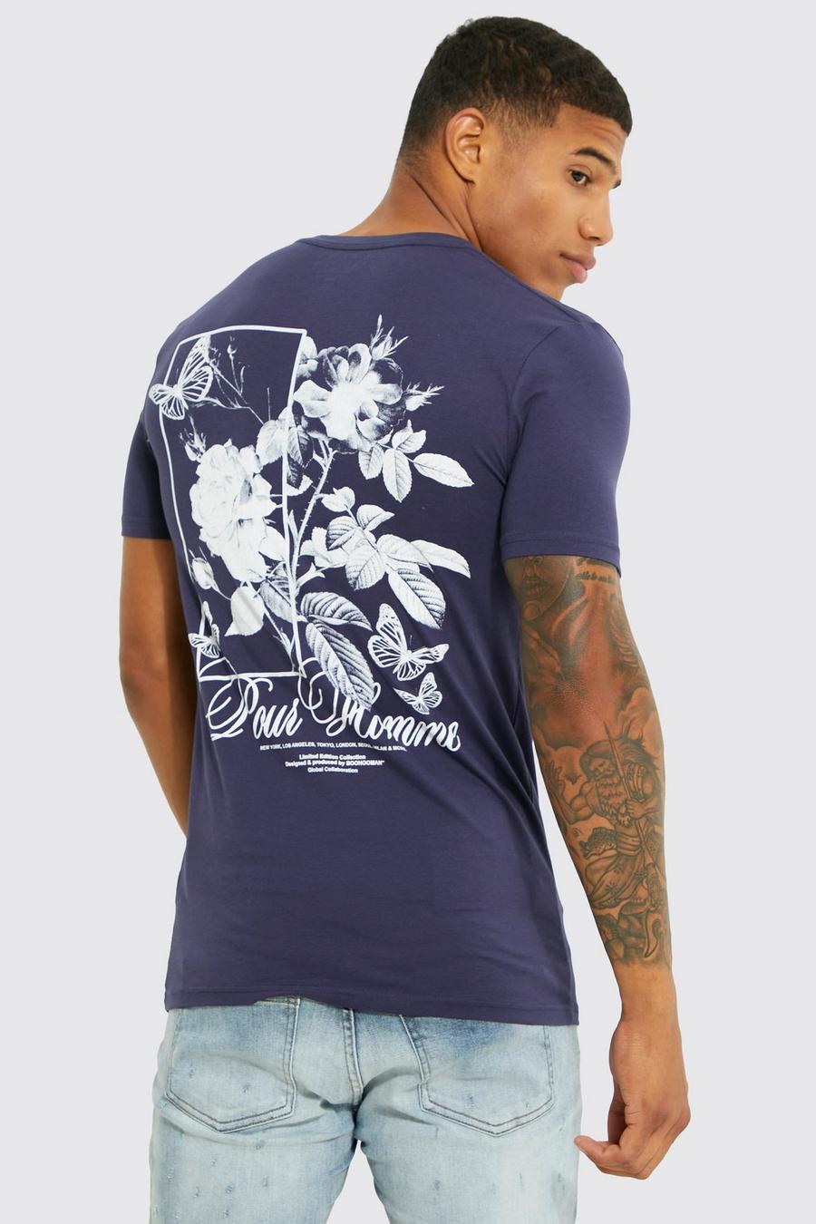 Navy Muscle Fit Floral Graphic T-shirt image number 1