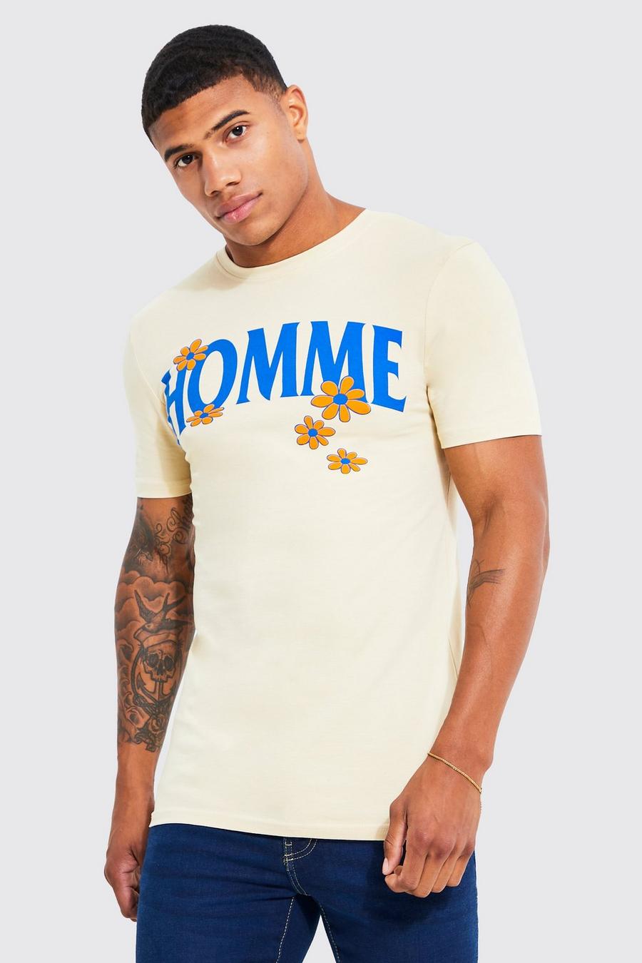Camiseta ajustada al músculo con estampado gráfico de flores, Sand beige