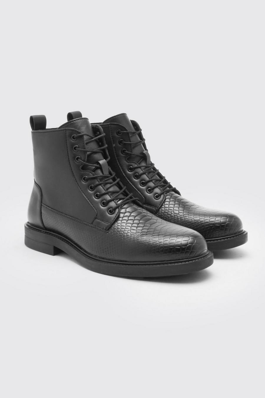 Black Embossed Lace Up Boot