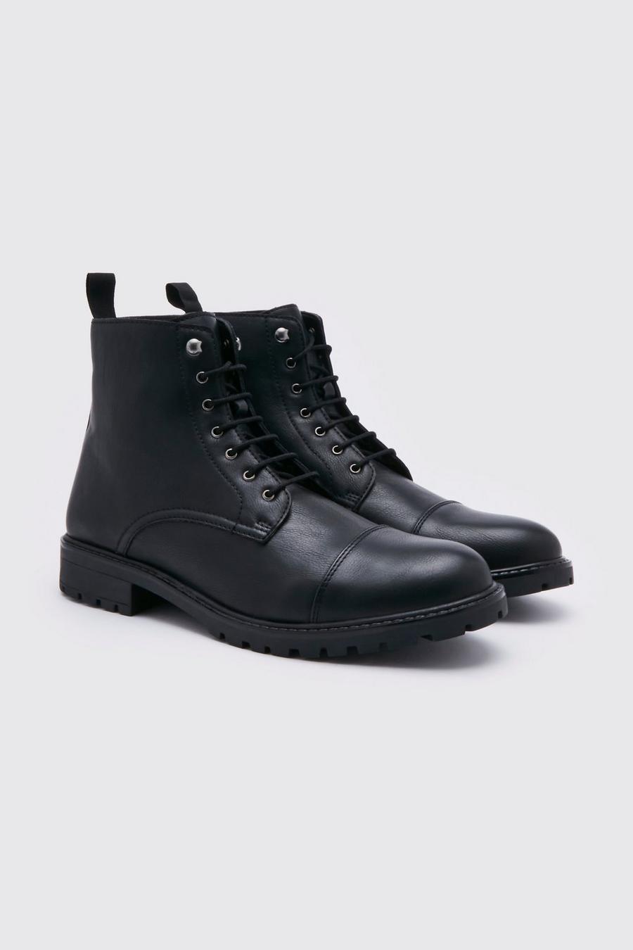 Black Faux Leather Lace Up Boot