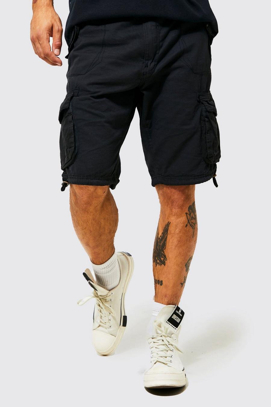 Black Relaxed Fit Washed Cargo Short image number 1