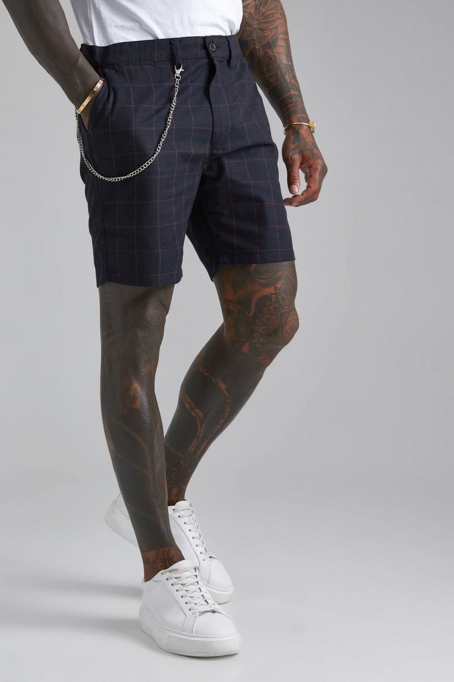 Black Slim Fit Check Shorts With Metal Chain