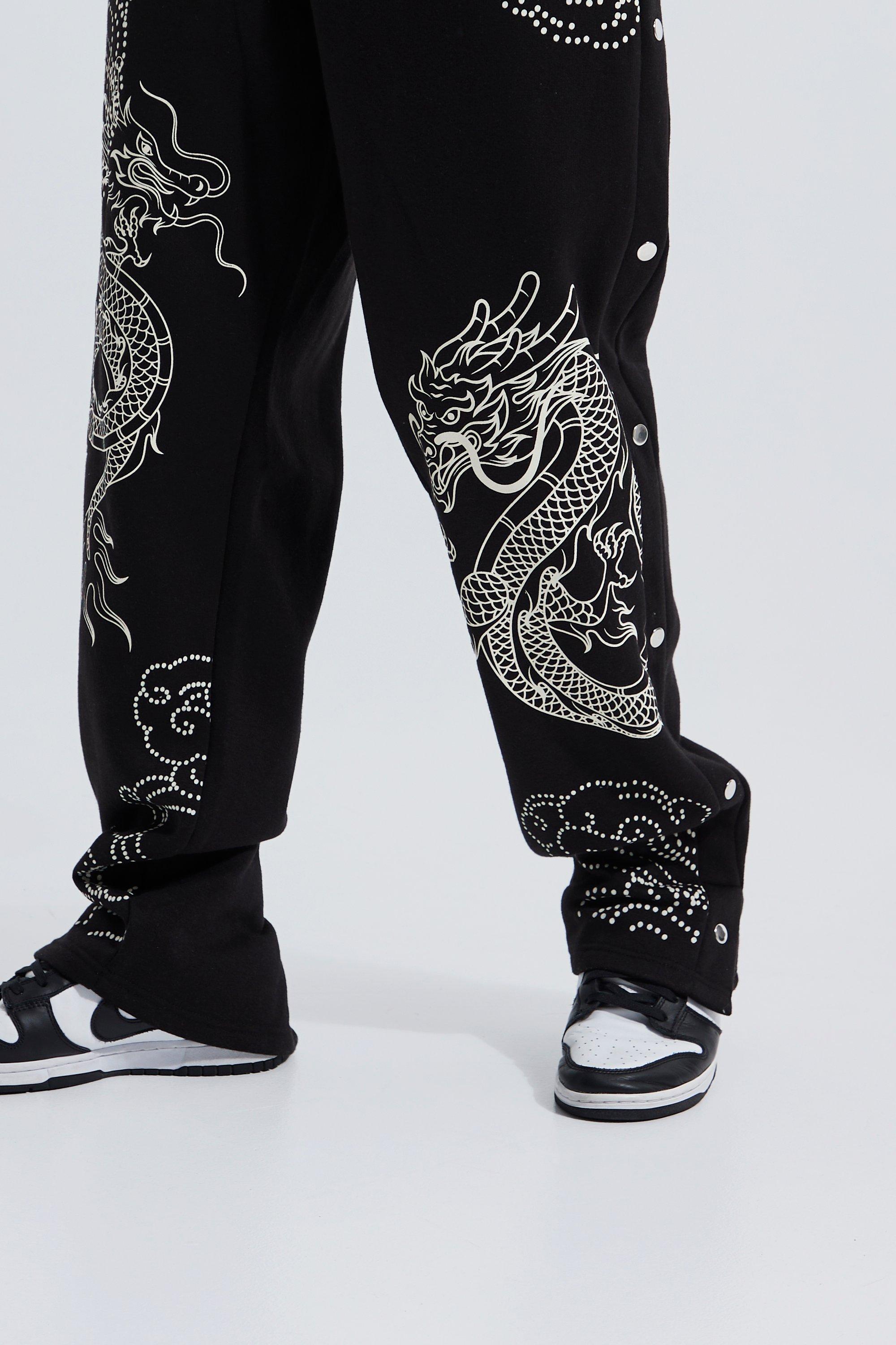 Men s Tall Relaxed Side Popper Dragon Print Joggers Boohoo UK