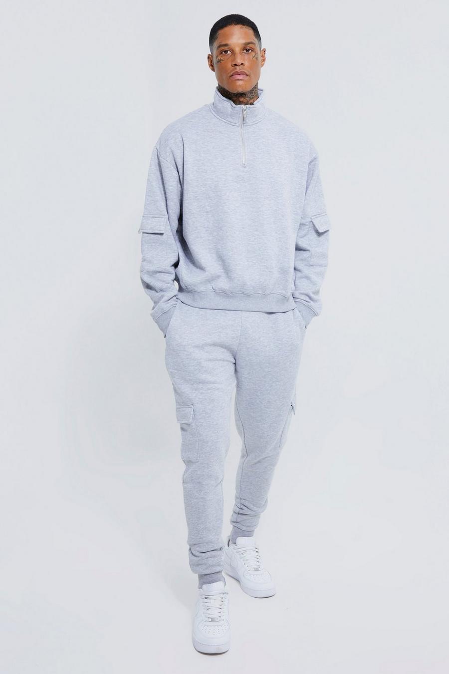 Grey marl Boxy Fit Cargo Funnel Neck Tracksuit  image number 1