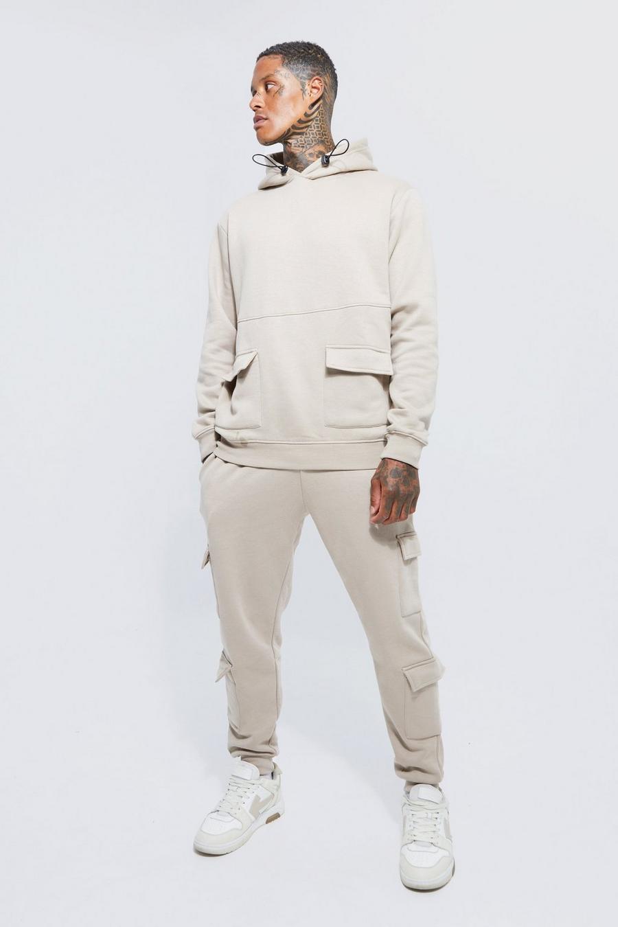 Taupe Cargo Hooded Tracksuit With Bungee Drawcords image number 1