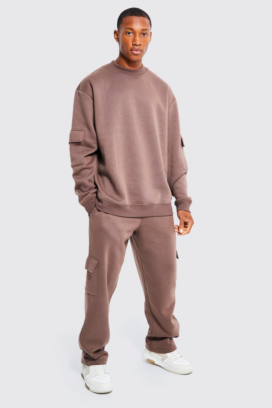 Coffee Oversized Extended Neck Cargo Tracksuit image number 1