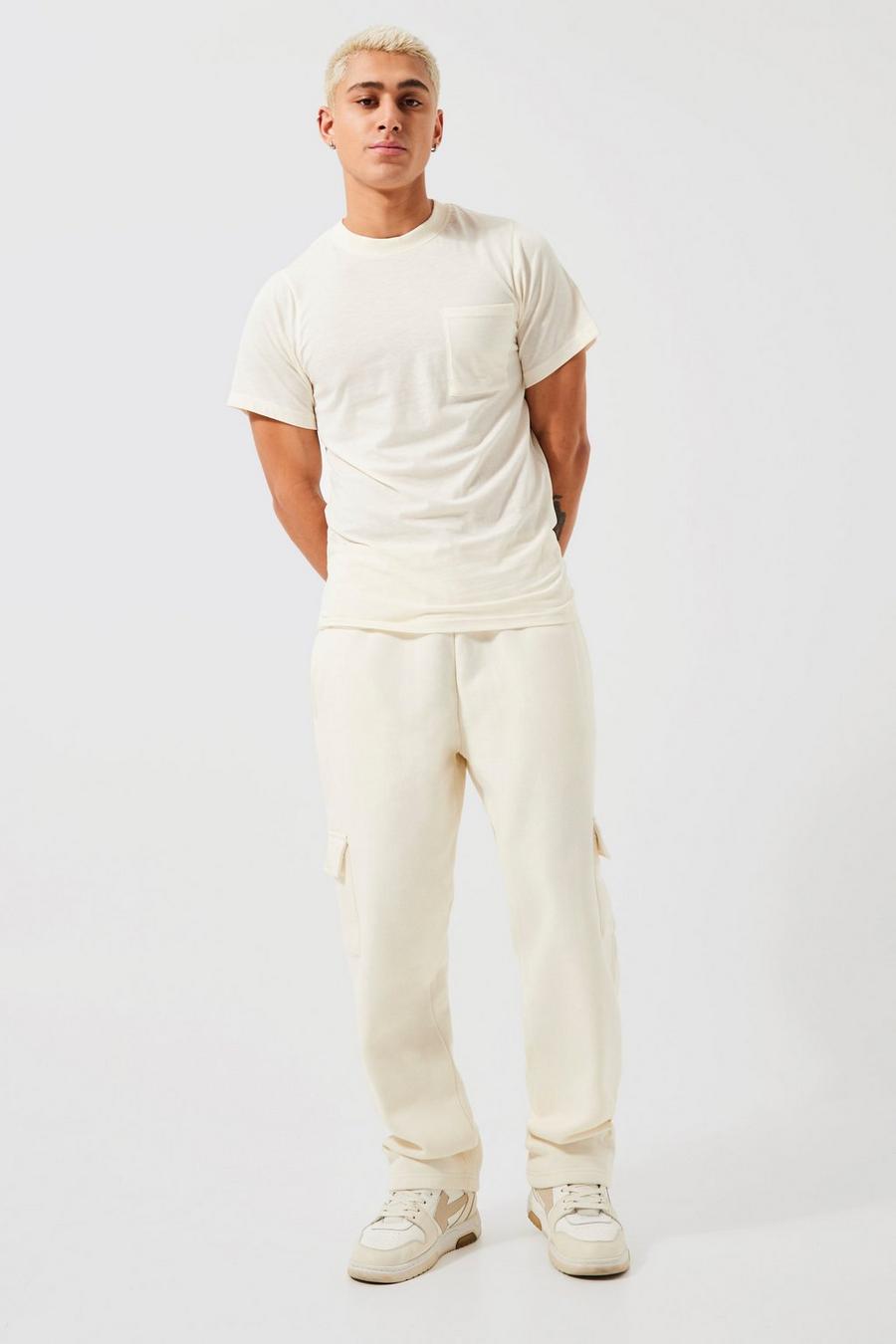 Ecru white Slim Fit Cargo T-shirt And Jogger Set image number 1