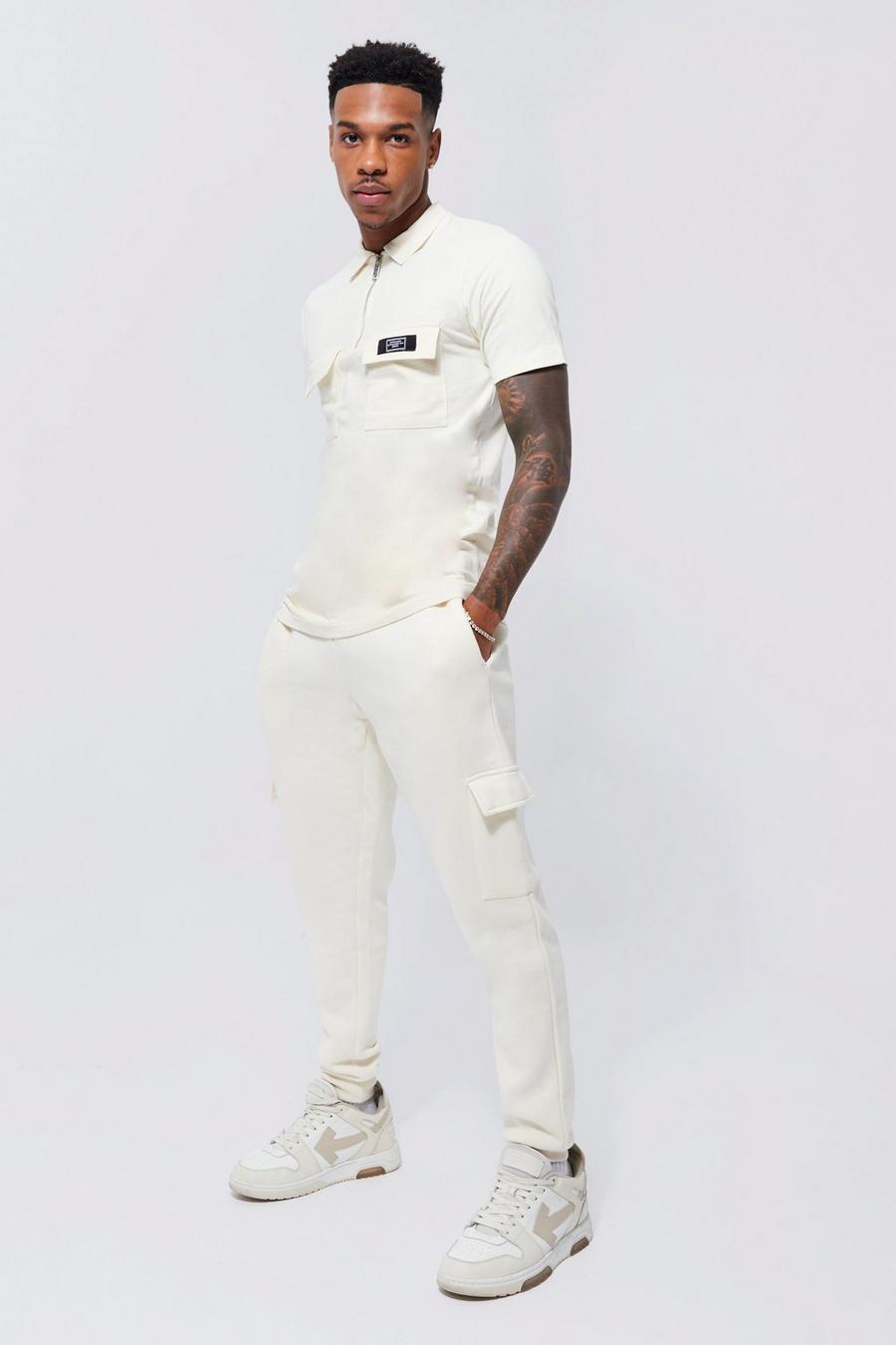 Ecru Slim Fit 1/4 Zip Cargo Polo And Jogger Set  image number 1