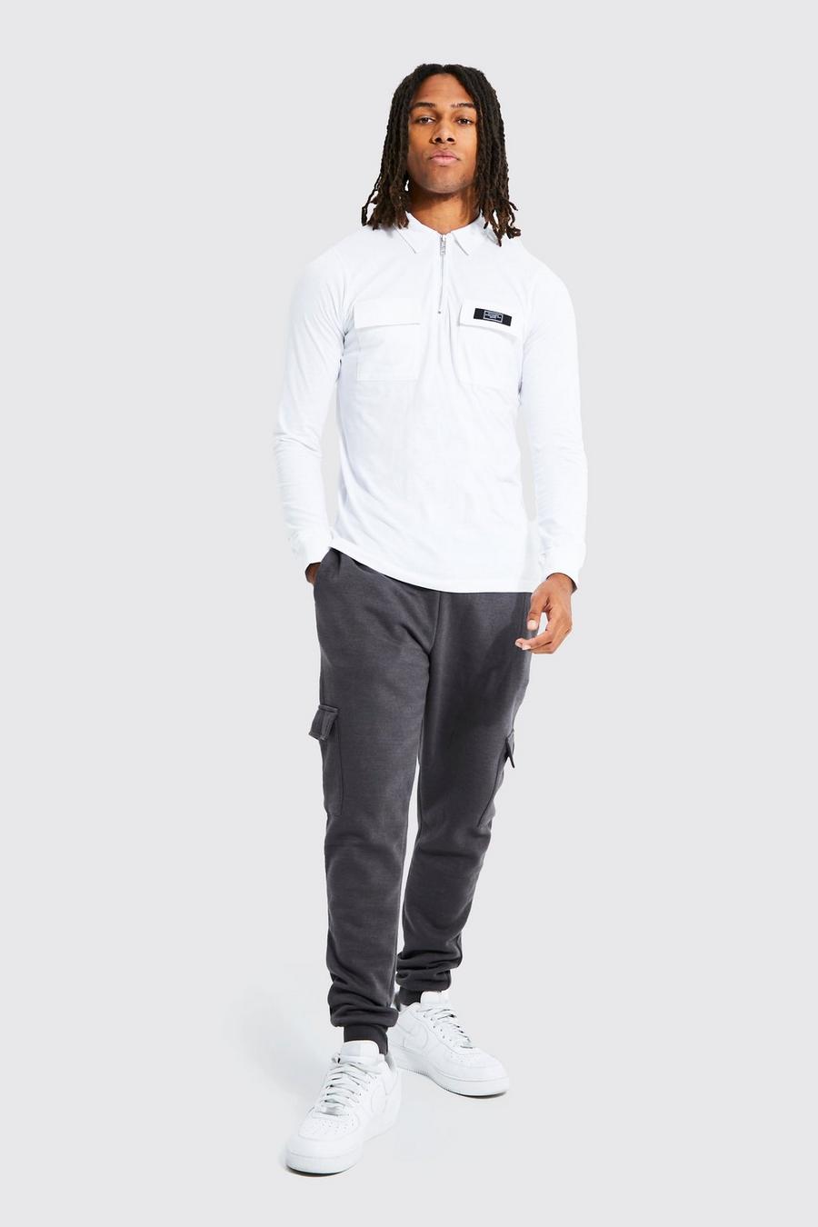 White Long Sleeve 1/4 Zip Cargo Polo And Jogger Set image number 1